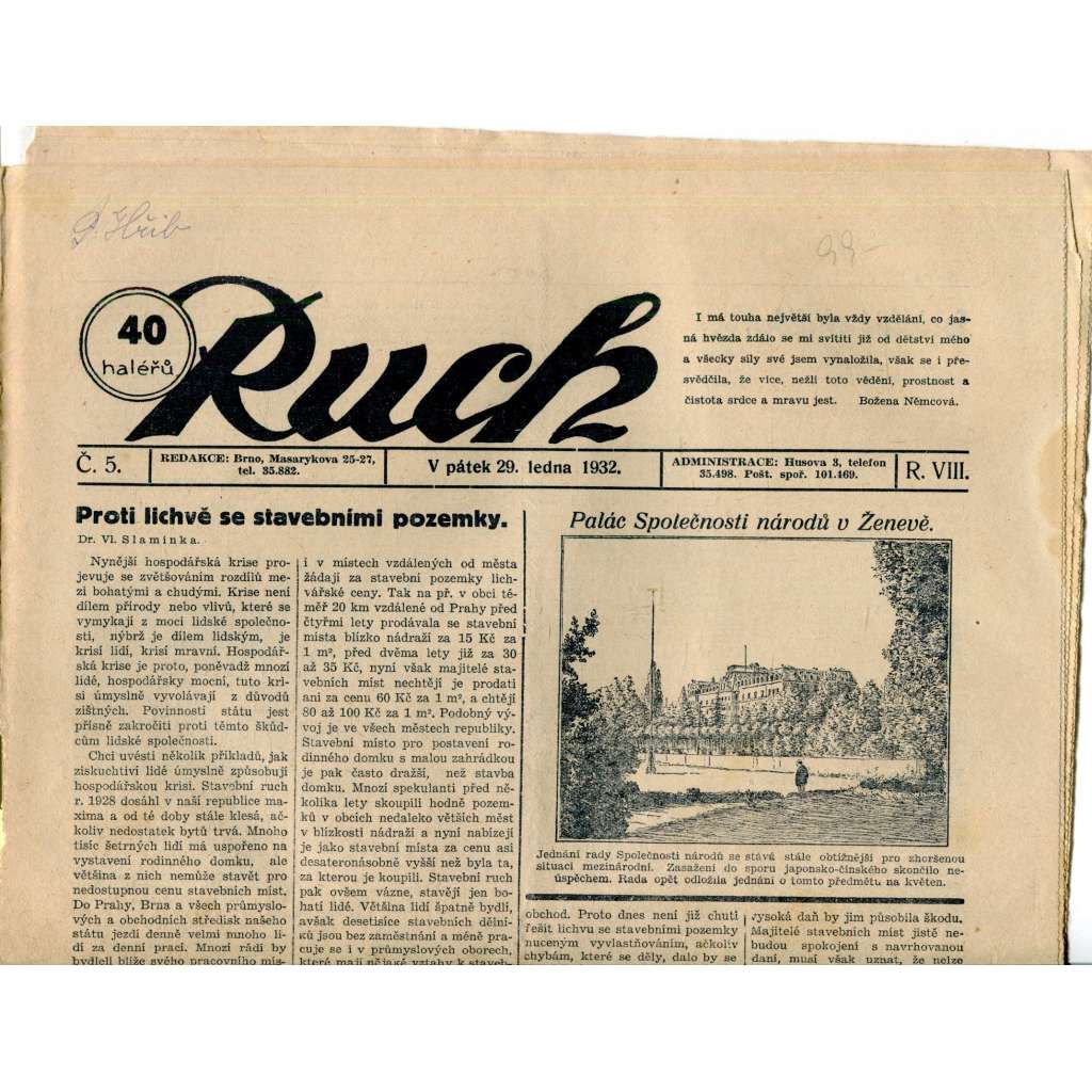 Ruch, ročník VIII., číslo 5. (29.1.1932) - Nezávislý deník, noviny, 1. republika