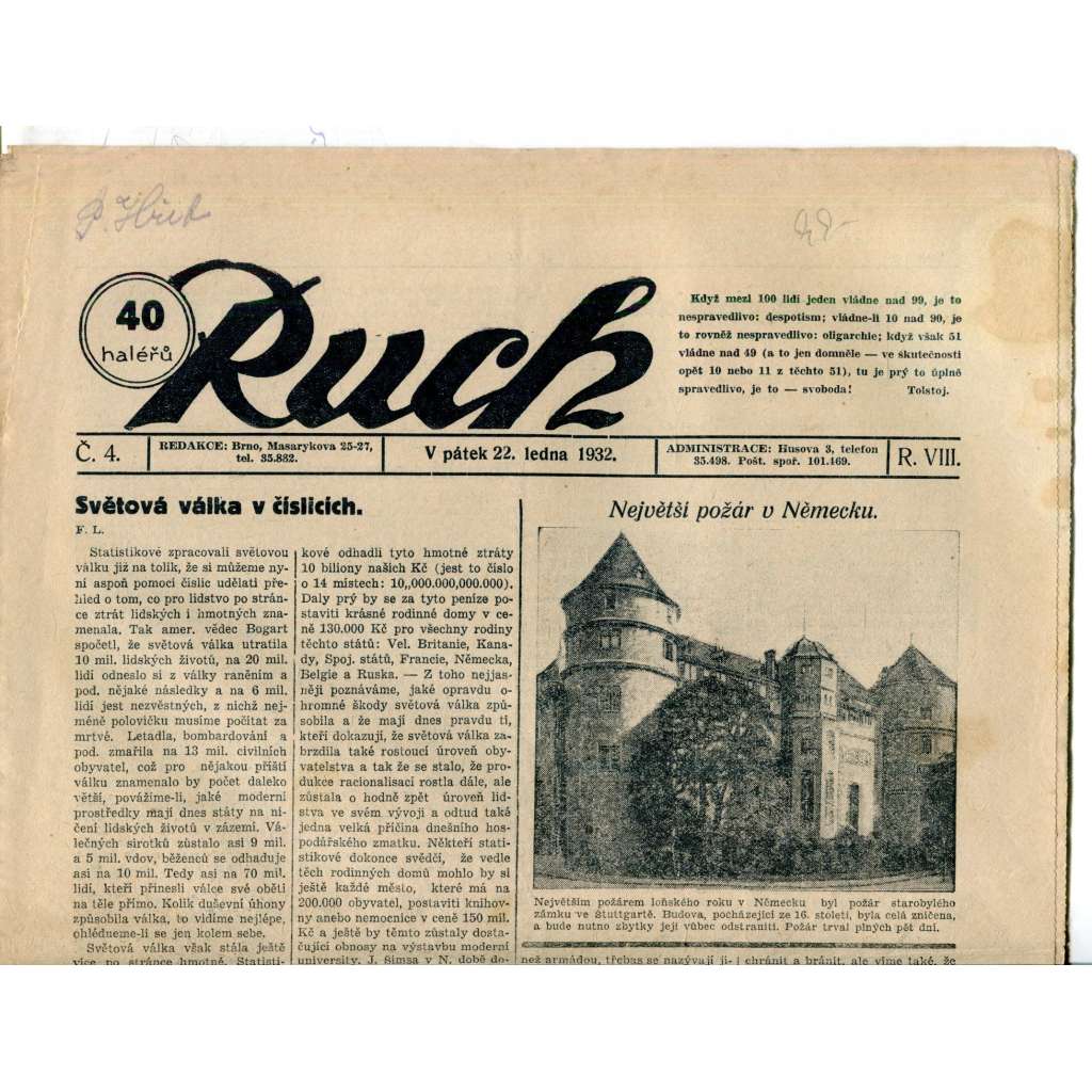 Ruch, ročník VIII., číslo 4. (22.1.1932) - Nezávislý deník, noviny, 1. republika