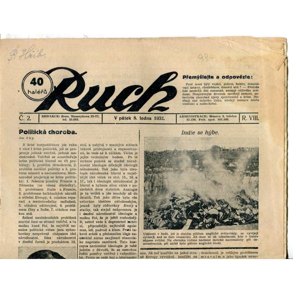 Ruch, ročník VIII., číslo 2. (8.1.1932) - Nezávislý deník, noviny, 1. republika