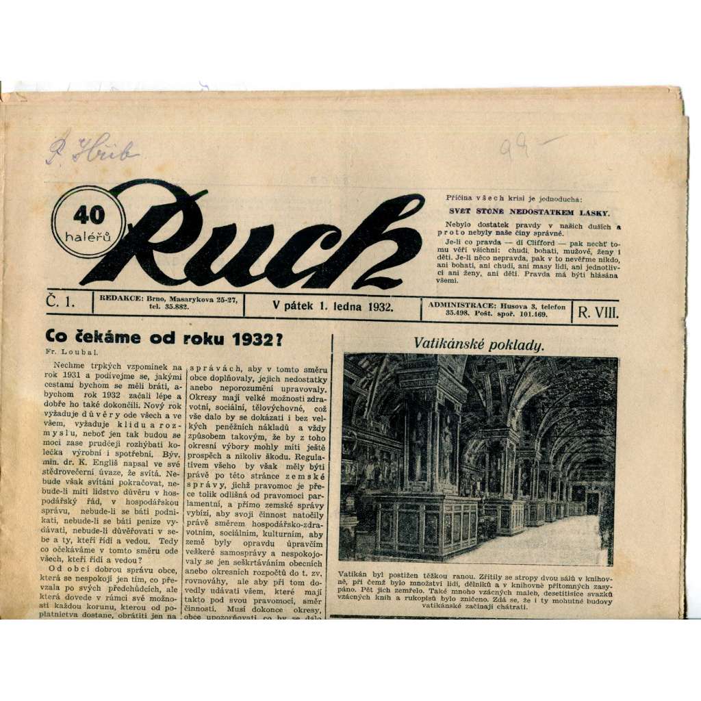 Ruch, ročník VIII., číslo 1. (1.1.1932) - Nezávislý deník, noviny, 1. republika