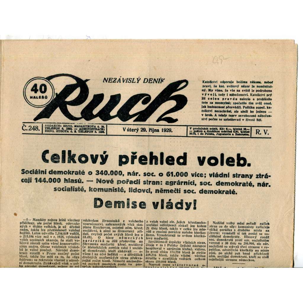 Ruch, ročník V., číslo 248. (29.10.1929) - Nezávislý deník, noviny, 1. republika