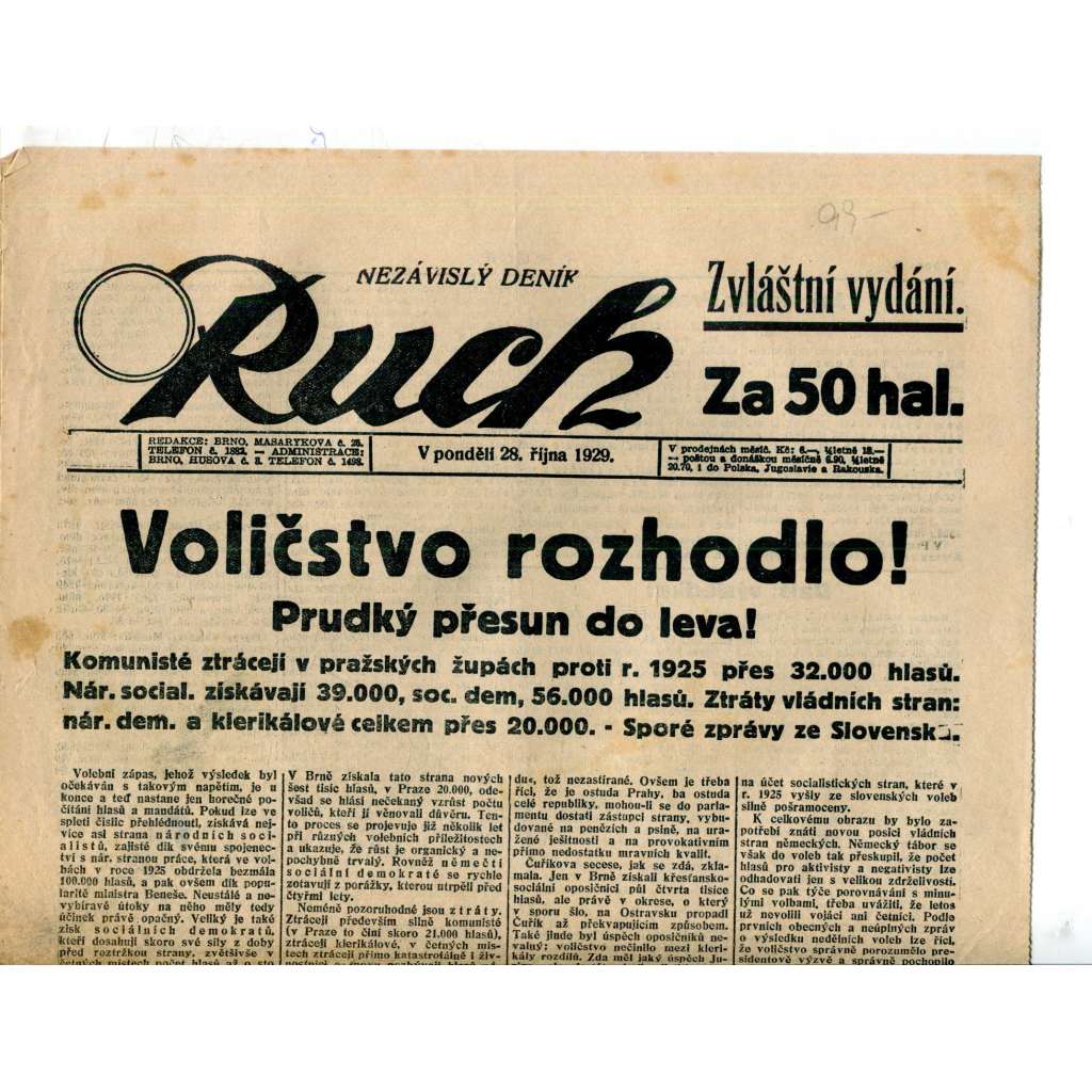 Ruch, zvláštní vydání (28.10.1929) - Nezávislý deník, noviny, 1. republika