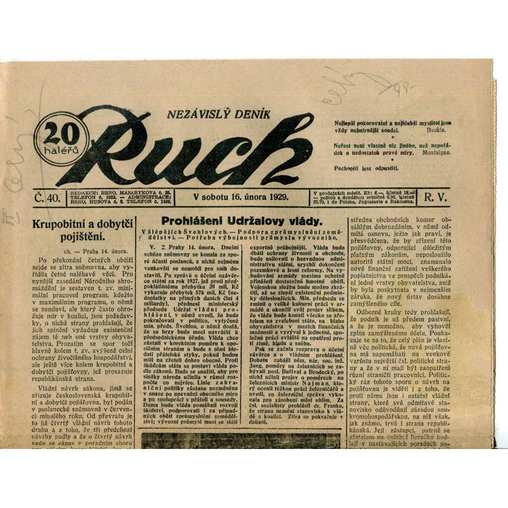 Ruch, ročník V., číslo 40. (16.2.1929) - Nezávislý deník, noviny, 1. republika