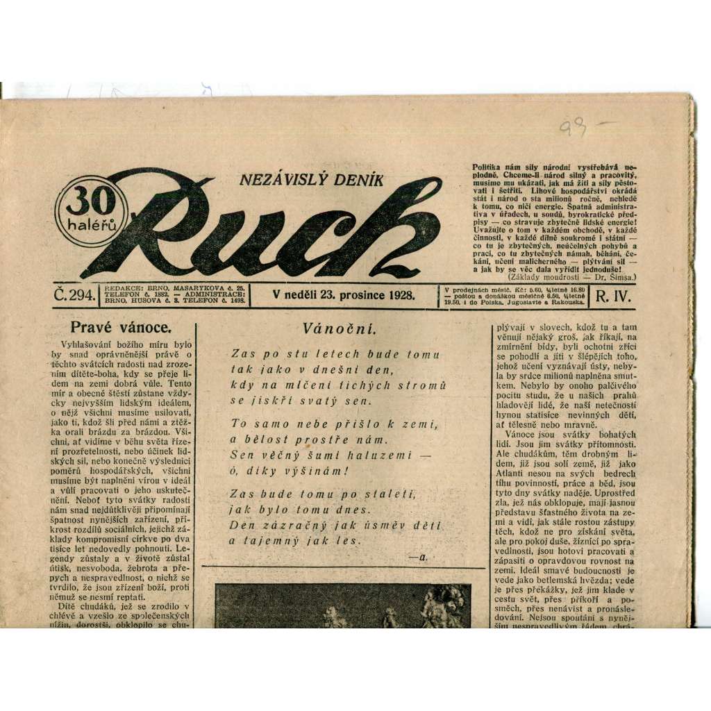 Ruch, ročník IV., číslo 294. (23.12.1928) - Nezávislý deník, noviny, 1. republika