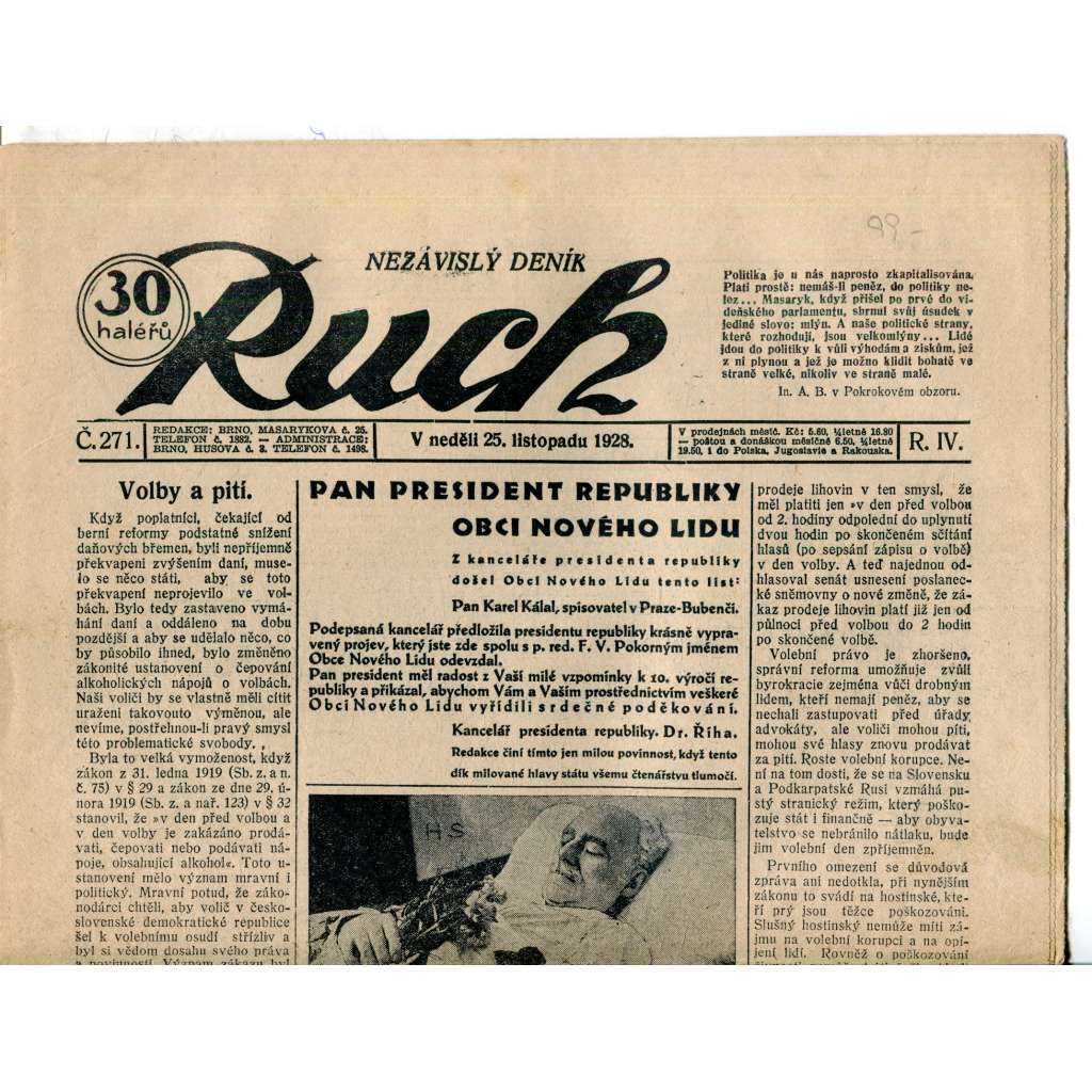 Ruch, ročník IV., číslo 271. (25.11.1928) - Nezávislý deník, noviny, 1. republika