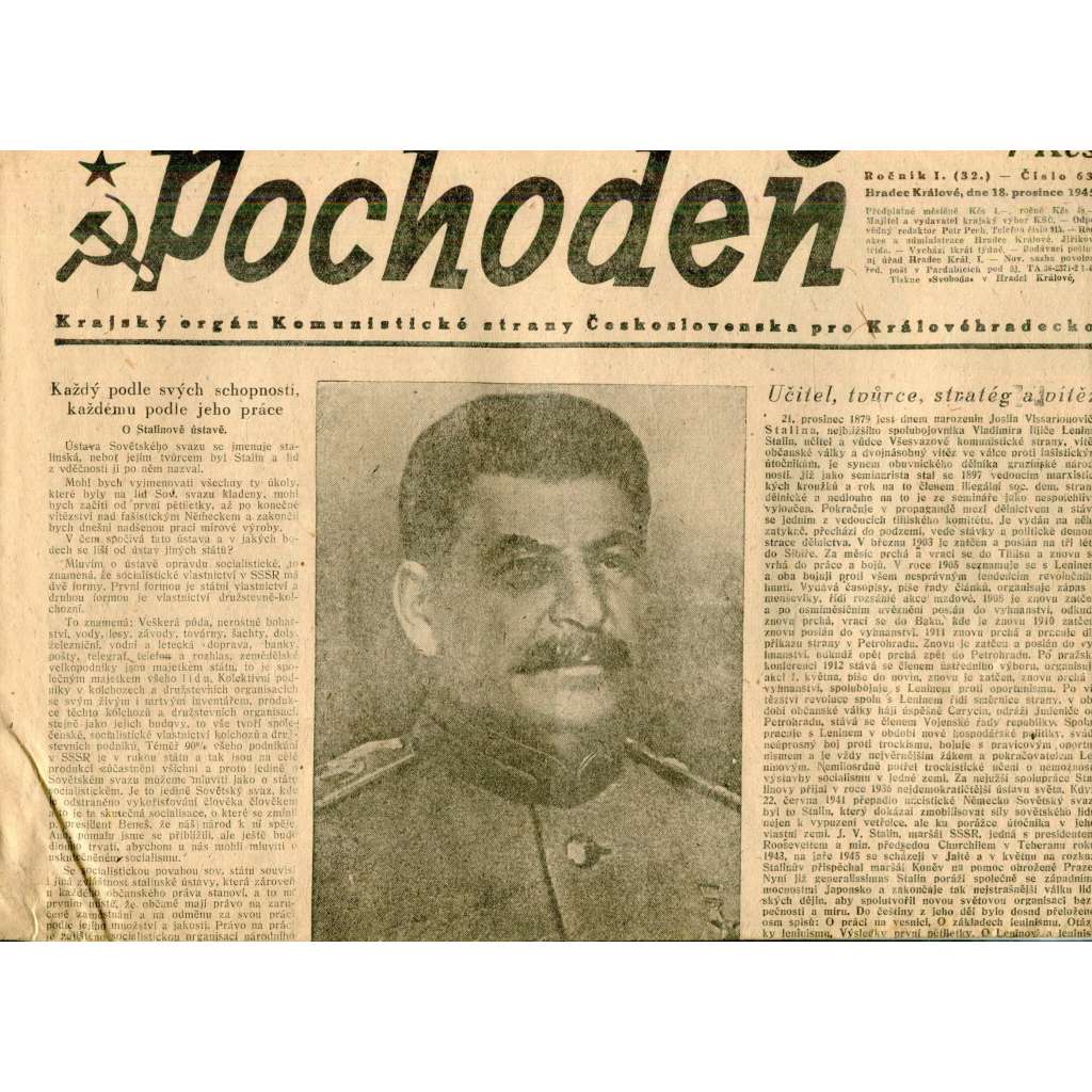 Pochodeň (18.12.1945). Krajský orgán Komunistické strany Československa pro Královéhradecko (Hradec Králové, staré noviny)