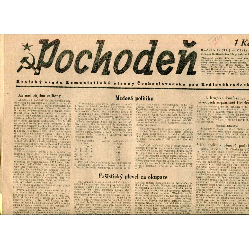 Pochodeň (14.12.1945). Krajský orgán Komunistické strany Československa pro Královéhradecko (Hradec Králové, staré noviny)