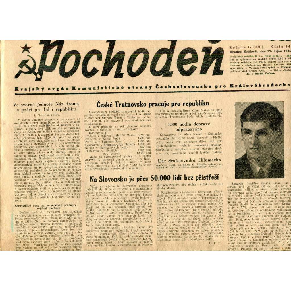 Pochodeň (19.10.1945). Krajský orgán Komunistické strany Československa pro Královéhradecko (Hradec Králové, staré noviny)