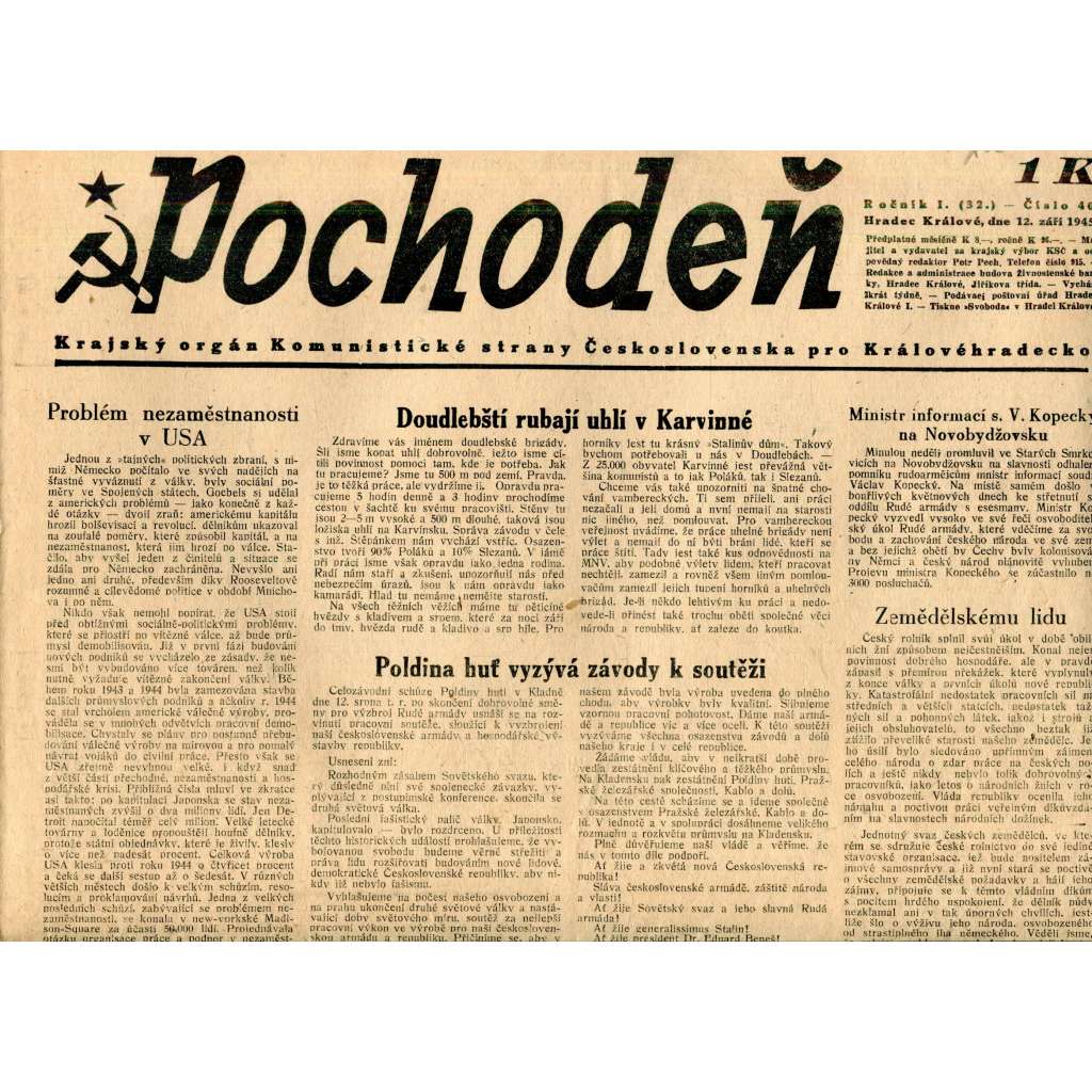 Pochodeň (12.9.1945). Krajský orgán Komunistické strany Československa pro Královéhradecko (Hradec Králové, staré noviny)