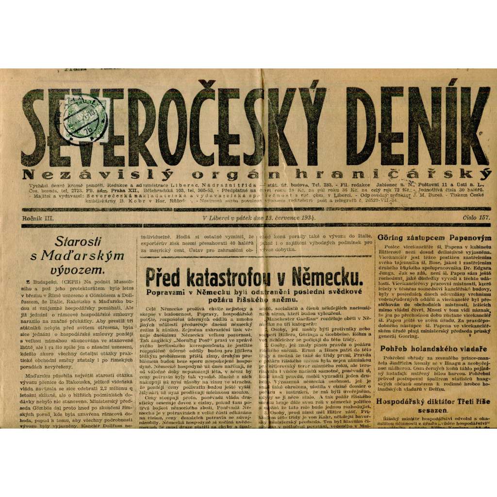 Severočeský deník (13.7.1934). Nezávislý orgán hraničářský (1. republika, staré noviny)
