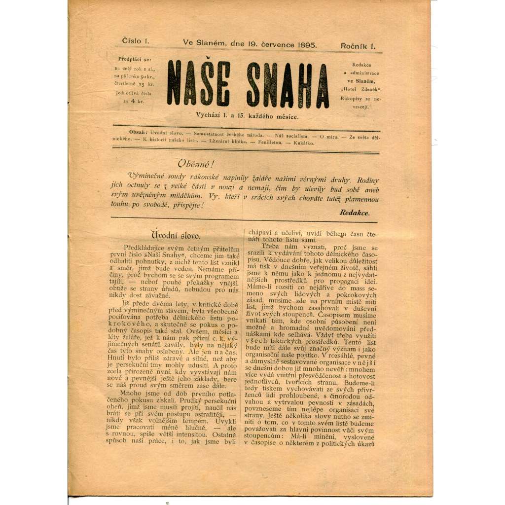 Naše snaha, ročník I., číslo 1. (19.7.1895) - noviny, časopis, Slaný