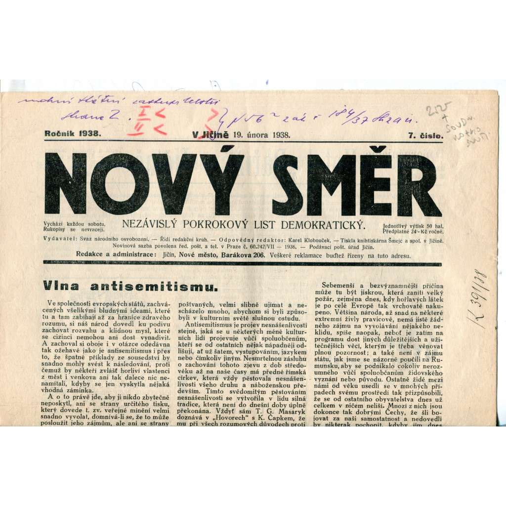 Nový směr, číslo 7. (19.2.1938) Nezávislý pokrokový list demokratický - noviny + soudní rozhodnutí, 1. republika