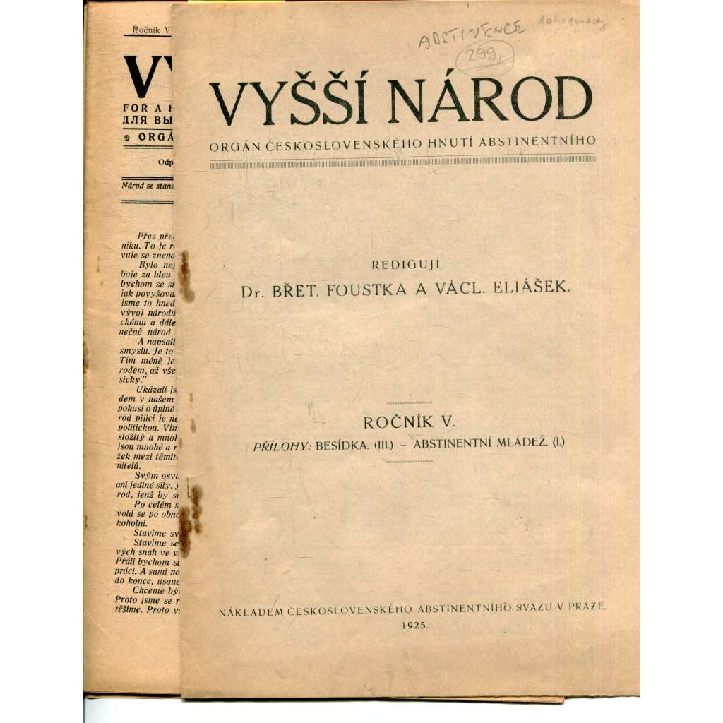 Vyšší národ, ročník V., číslo 1/1925 (časopis, noviny, 1. republika, abstinence)