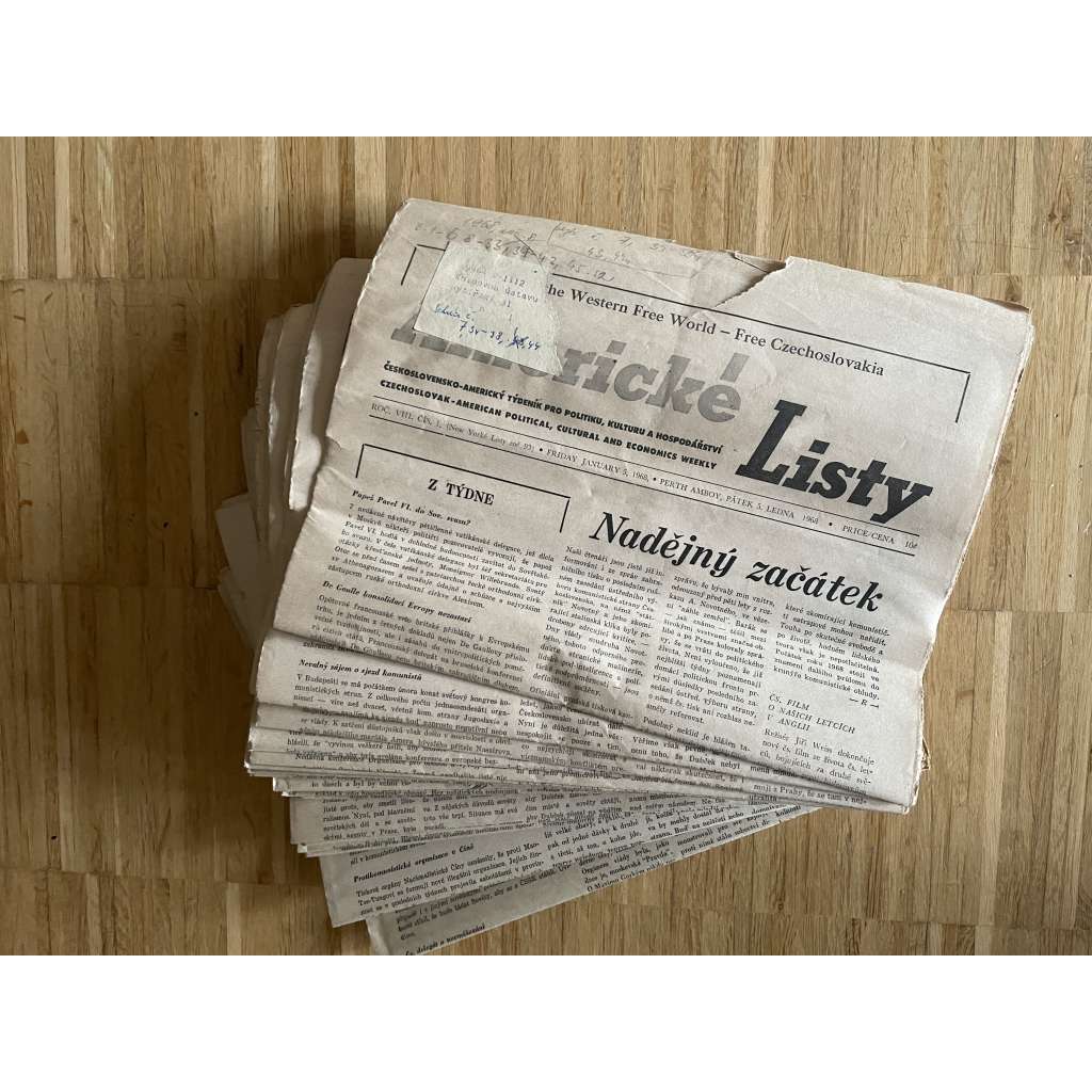 Americké listy, čísla 1-6, 8-33, 36-43 a 45-52/1968. Československo-americký týdeník pro politiku, kulturu a hospodářství (exil, krajané v USA, staré noviny)