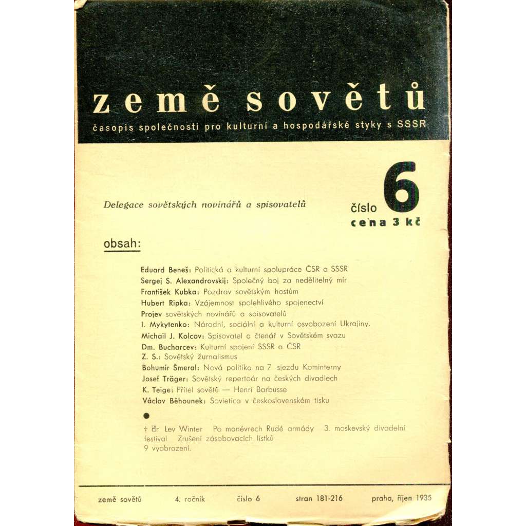 Země sovětů, ročník 4, číslo 6/1935 (Časopis společnosti pro kulturní a hospodářské styky s SSSR)