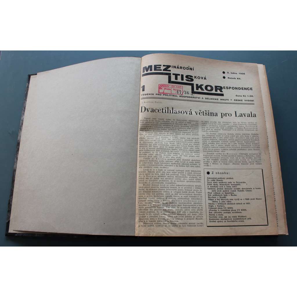 Mezinárodní tisková korespondence pro politiku, hospodářství a dělnické hnutí 1936 (časopis, týdeník, politika, mj. Francie na obratu, Po Hitlerově volebním podvodu, Rekordní daně za Hitlerovy diktatury, Výročí velké proletářské revoluce)