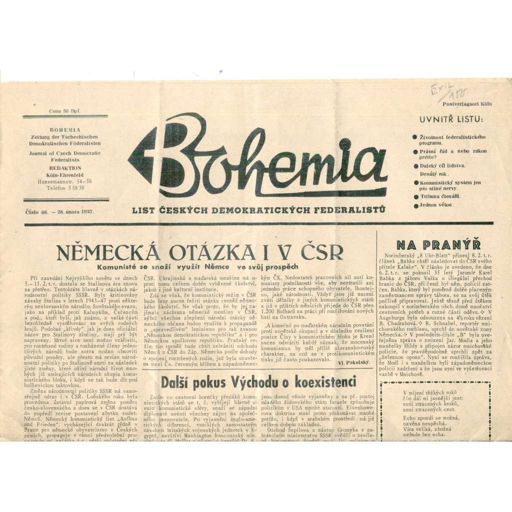 Bohemia, číslo 66/1957. List českých demokratických federalistů (exil, staré noviny) - 28.2.1957
