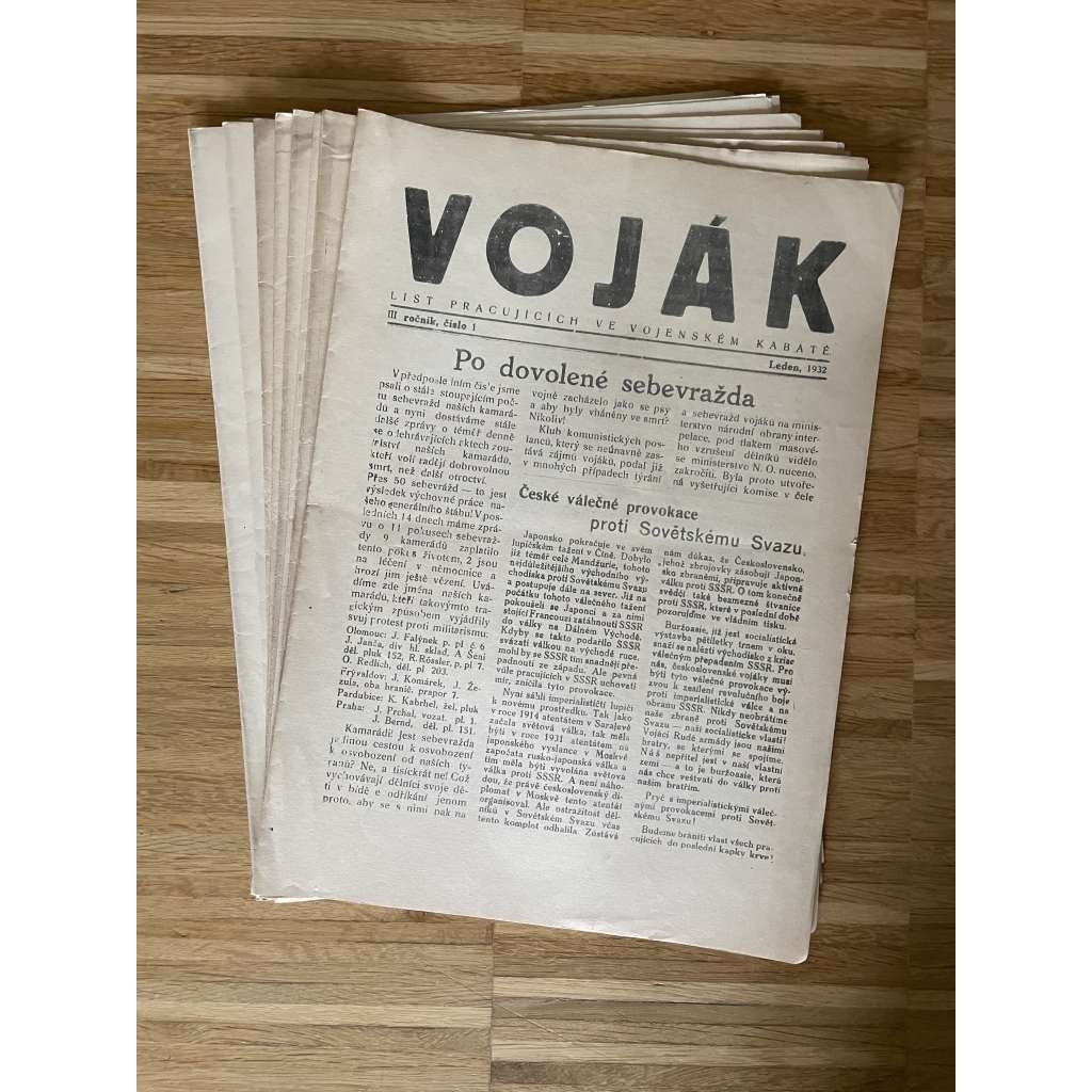 Voják, ročník III., čísla 1-10/1932. List pracujících ve vojenském kabátě (časopis, noviny)