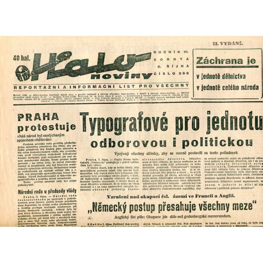Halo noviny, ročník VI., číslo 266/1938. Reportážní a informační list pro všechny