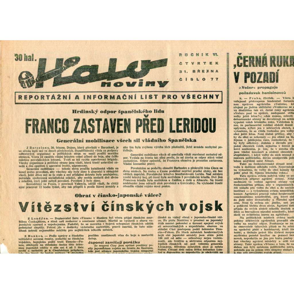 Halo noviny, ročník VI., číslo 77/1938. Reportážní a informační list pro všechny