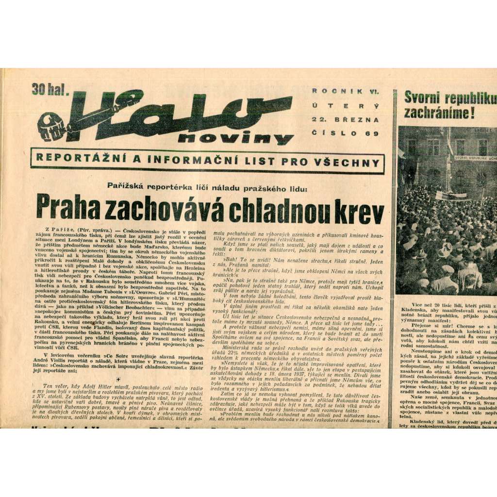 Halo noviny, ročník VI., číslo 69/1938. Reportážní a informační list pro všechny