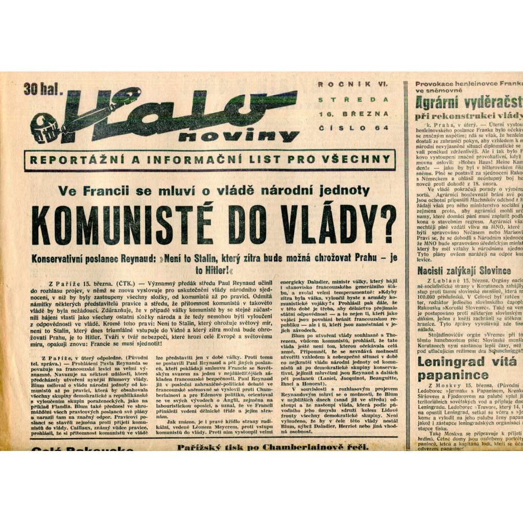 Halo noviny, ročník VI., číslo 64/1938. Reportážní a informační list pro všechny