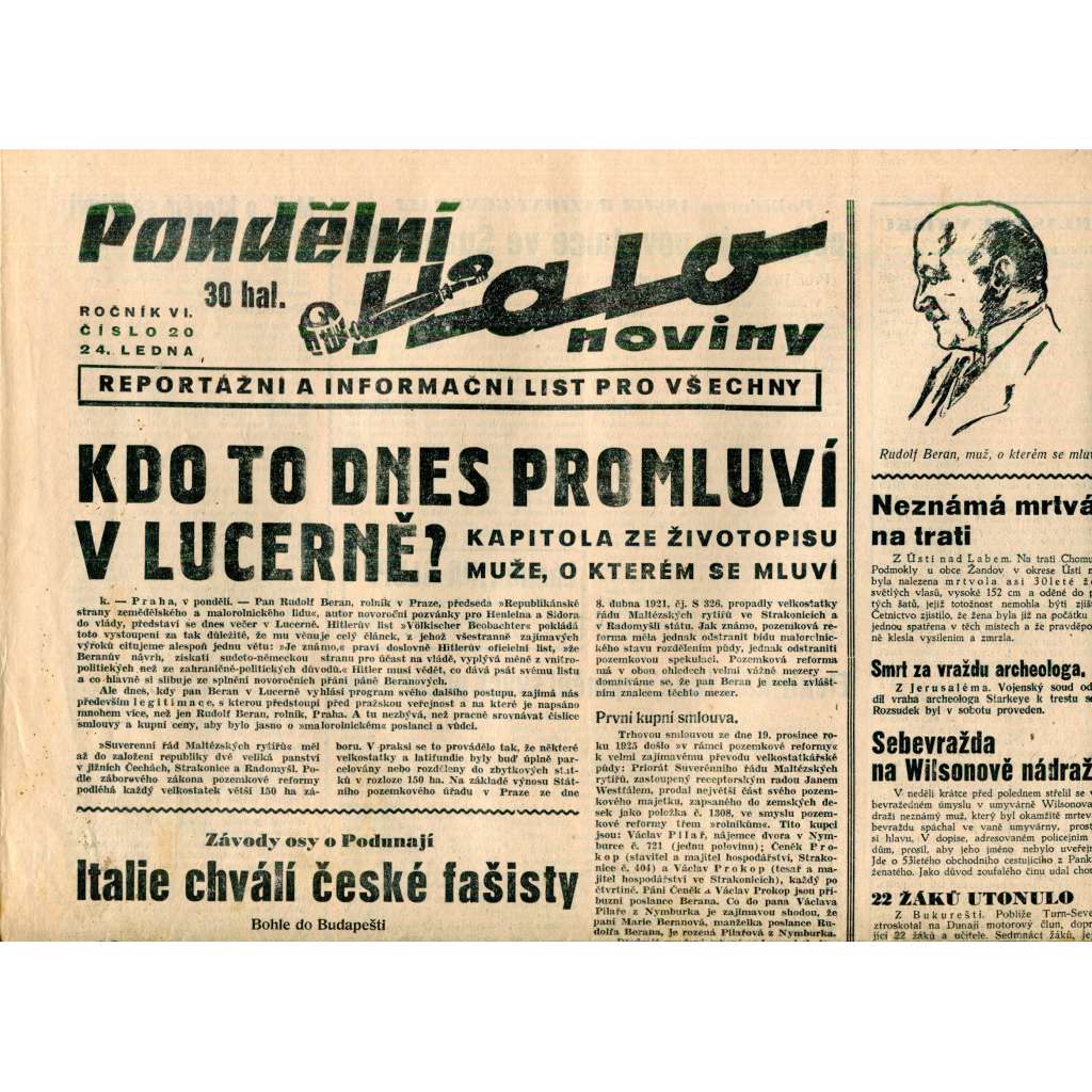 Pondělní Halo noviny, ročník VI., číslo 20/1938. Reportážní a informační list pro všechny