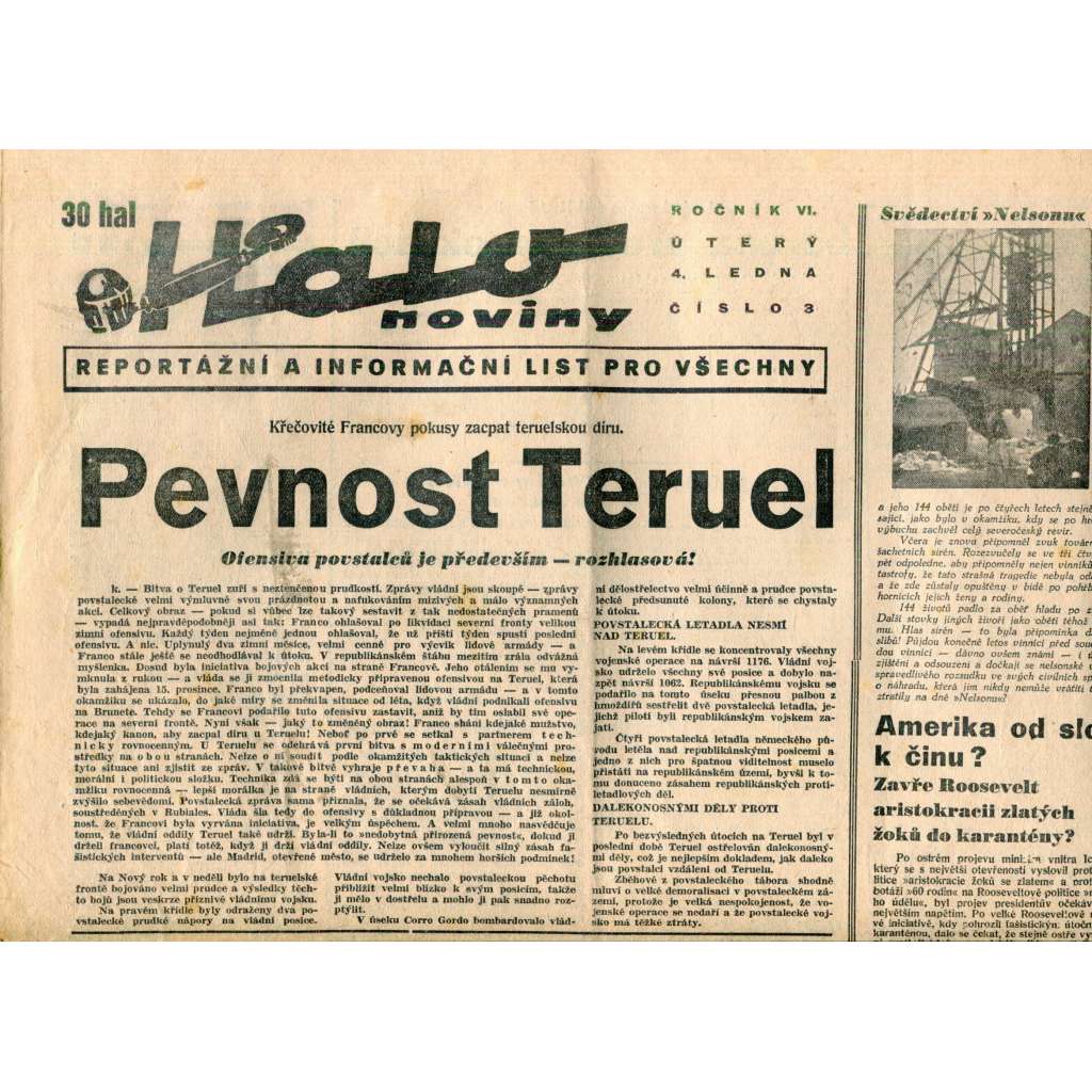 Halo noviny, ročník VI., číslo 3/1938. Reportážní a informační list pro všechny
