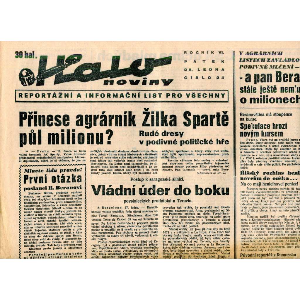 Halo noviny, ročník VI., číslo 24/1938. Reportážní a informační list pro všechny