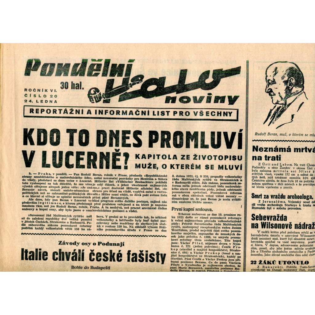 Halo noviny, ročník VI., číslo 20/1938. Reportážní a informační list pro všechny