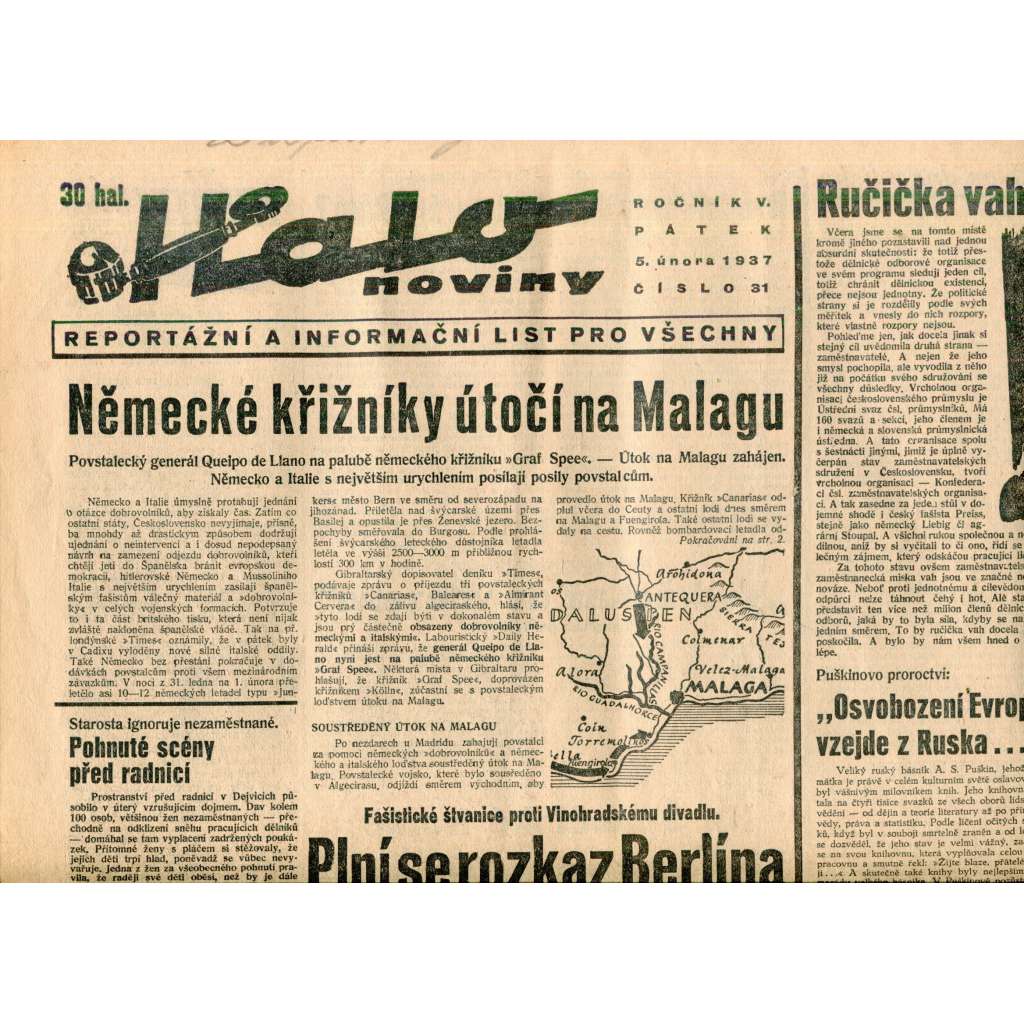 Halo noviny, ročník V., číslo 31/1937. Reportážní a informační list pro všechny