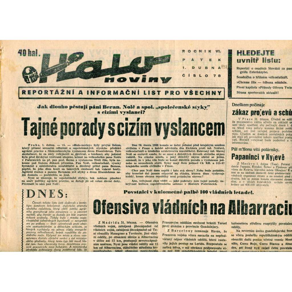 Halo noviny, ročník VI., číslo 78/1938. Reportážní a informační list pro všechny