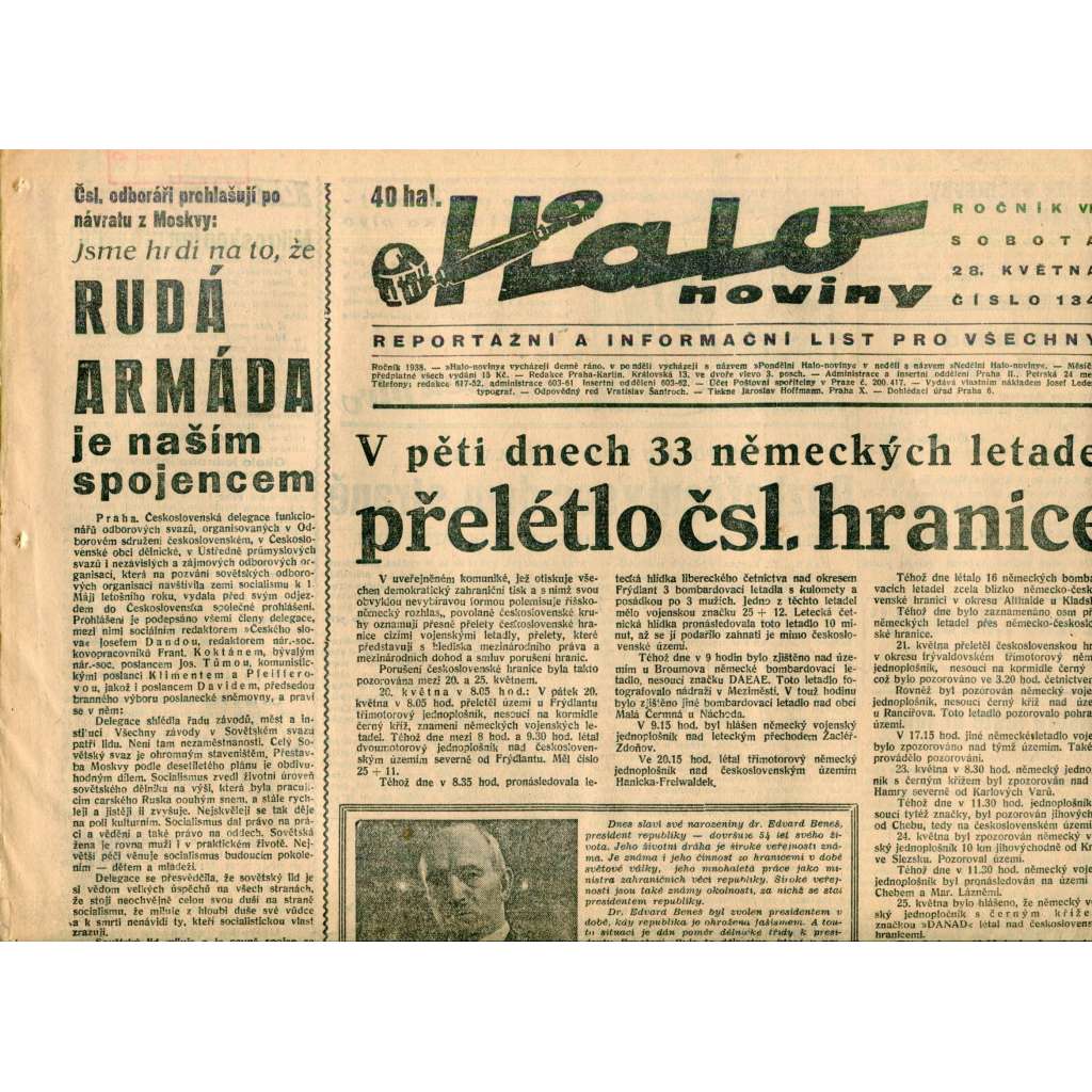 Halo noviny, ročník VI., číslo 134/1938. Reportážní a informační list pro všechny