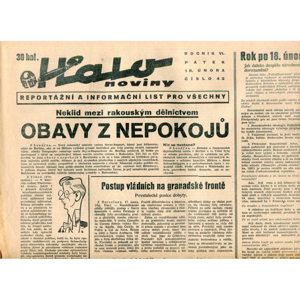 Halo noviny, ročník VI., číslo 42/1938. Reportážní a informační list pro všechny