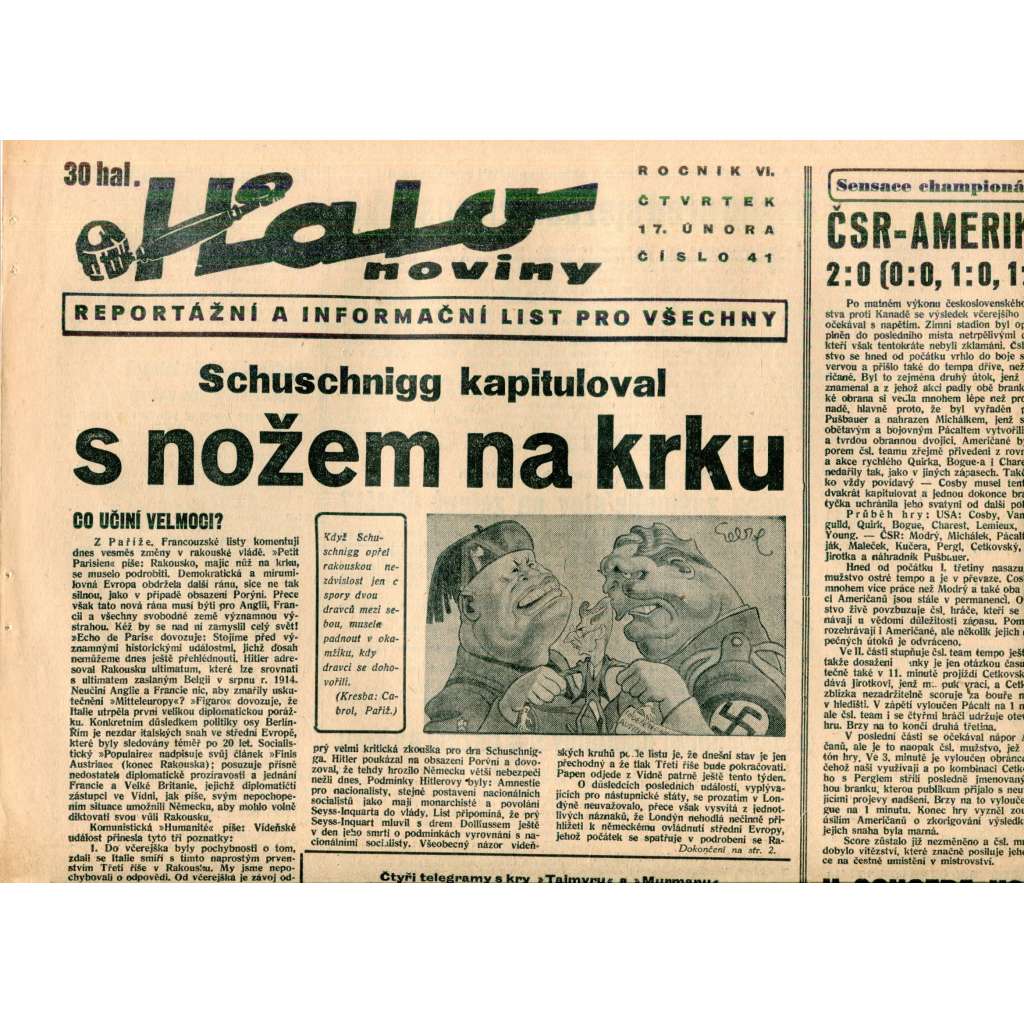Halo noviny, ročník VI., číslo 41/1938. Reportážní a informační list pro všechny