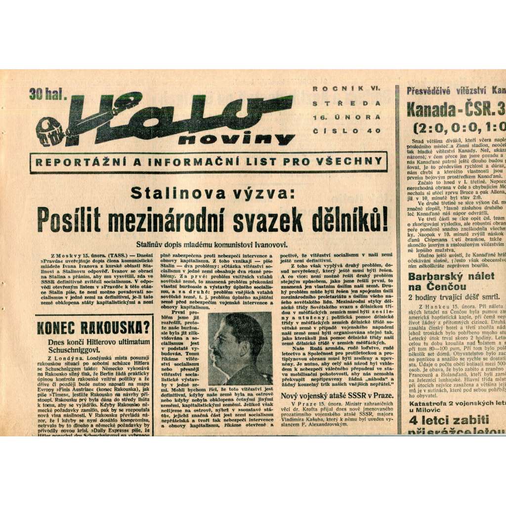 Halo noviny, ročník VI., číslo 40/1938. Reportážní a informační list pro všechny