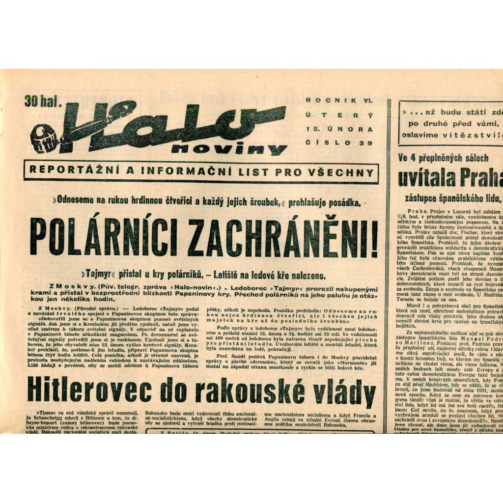 Halo noviny, ročník VI., číslo 39/1938. Reportážní a informační list pro všechny