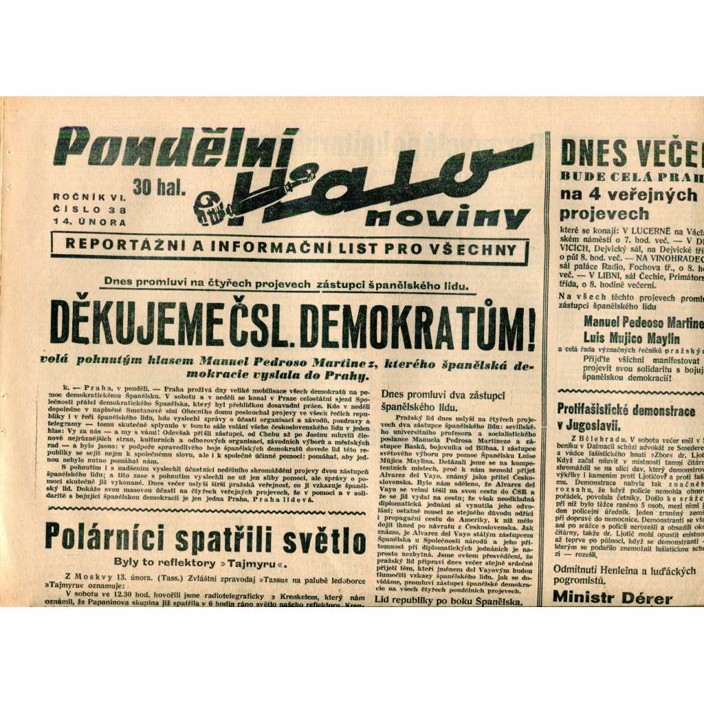 Pondělní Halo noviny, ročník VI., číslo 38/1938. Reportážní a informační list pro všechny