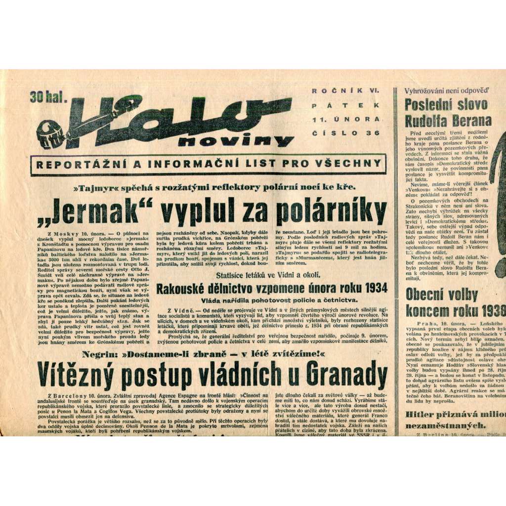 Halo noviny, ročník VI., číslo 36/1938. Reportážní a informační list pro všechny