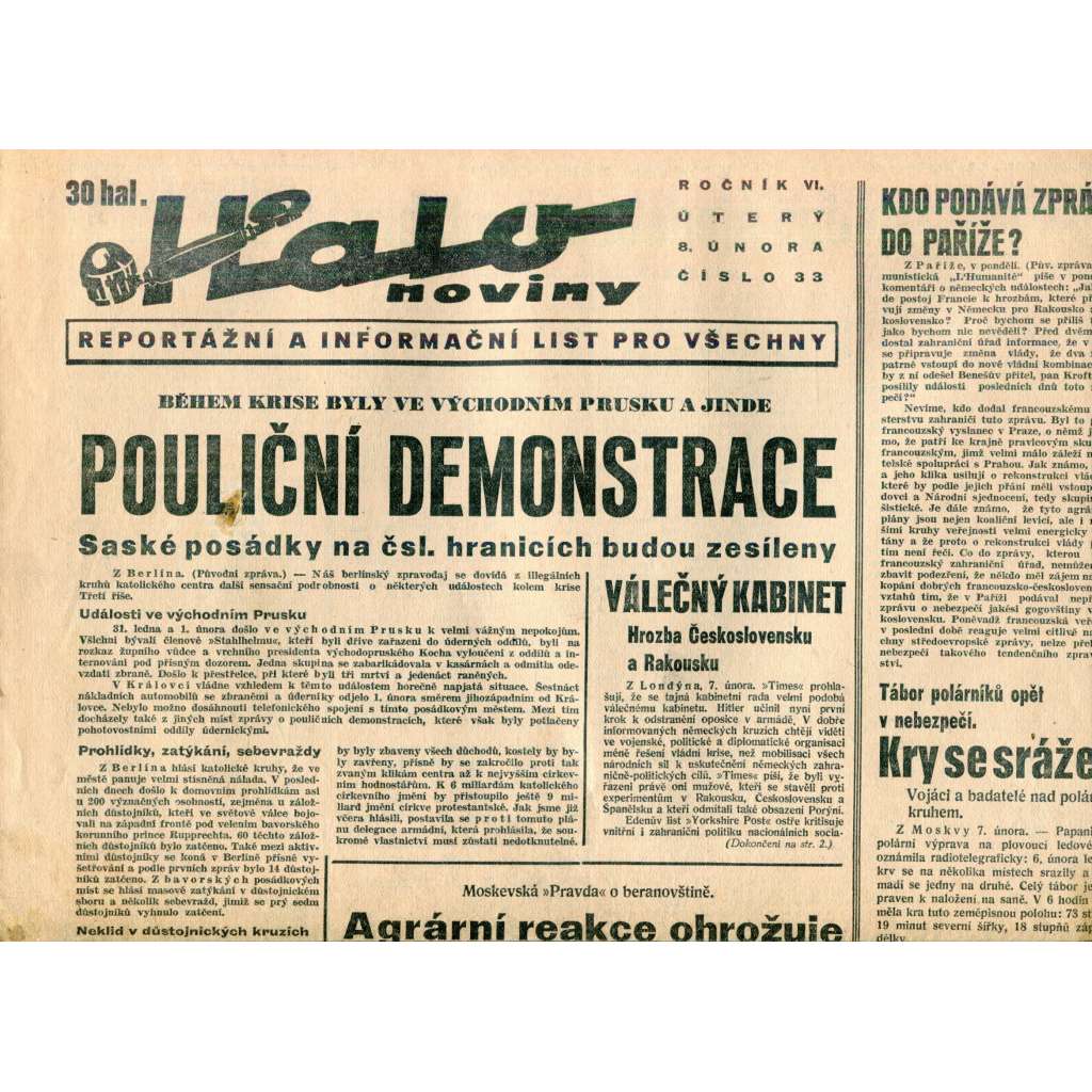 Halo noviny, ročník VI., číslo 33/1938. Reportážní a informační list pro všechny