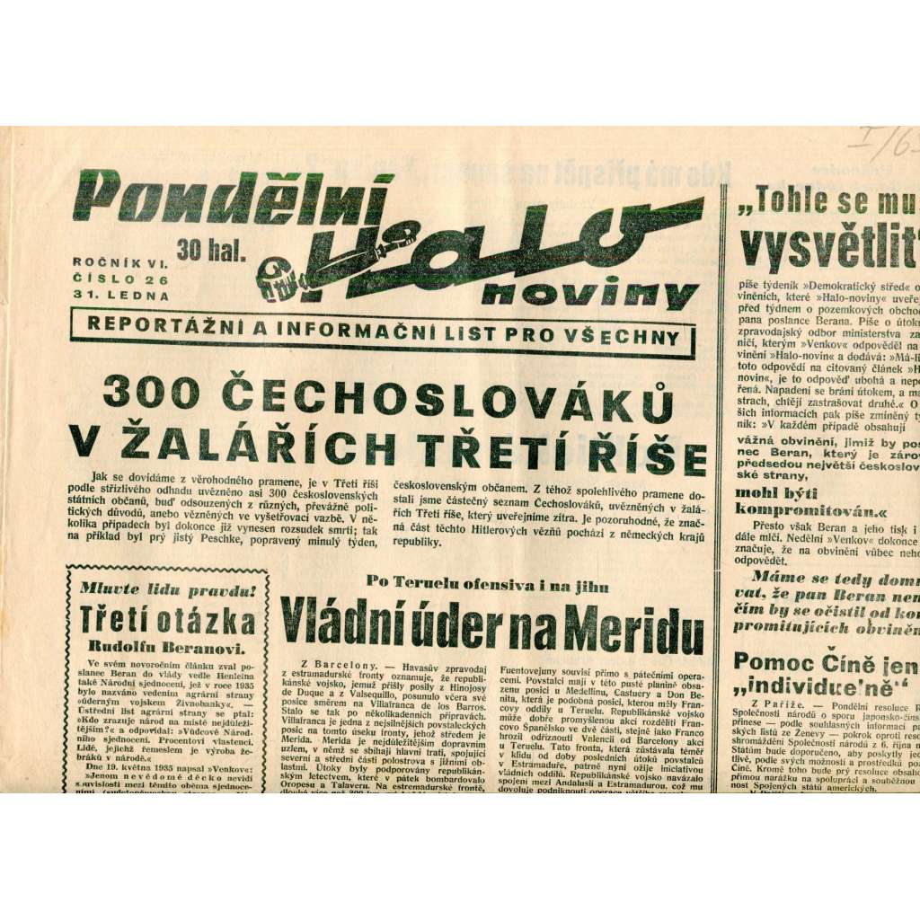 Pondělní Halo noviny, ročník VI., číslo 26/1938. Reportážní a informační list pro všechny