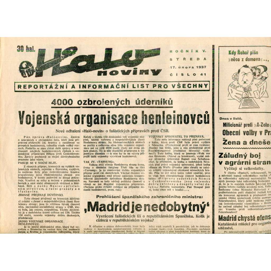 Halo noviny, ročník V., číslo 41/1937. Reportážní a informační list pro všechny