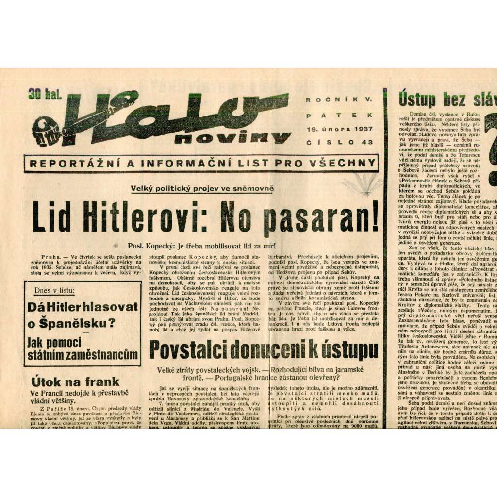 Halo noviny, ročník V., číslo 43/1937. Reportážní a informační list pro všechny