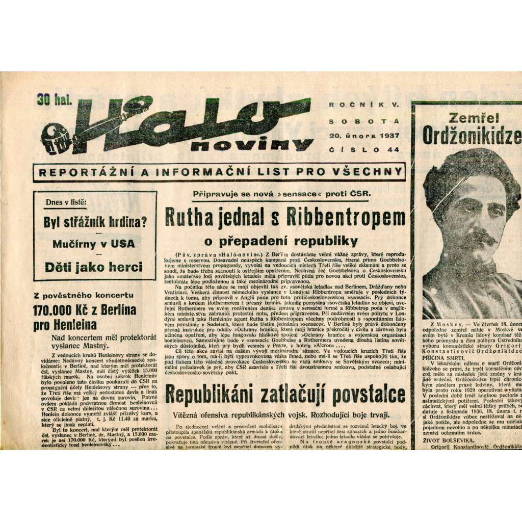 Halo noviny, ročník V., číslo 44/1937. Reportážní a informační list pro všechny Halo noviny, ročník V., číslo 44/1937. Reportážní a informační list pro všechny