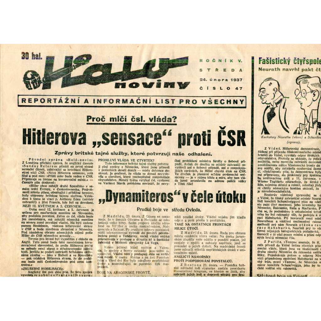 Halo noviny, ročník V., číslo 47/1937. Reportážní a informační list pro všechny Halo noviny, ročník V., číslo 47/1937. Reportážní a informační list pro všechny