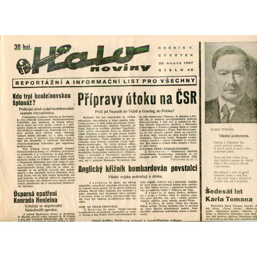 Halo noviny, ročník V., číslo 48/1937. Reportážní a informační list pro všechny Halo noviny, ročník V., číslo 48/1937. Reportážní a informační list pro všechny