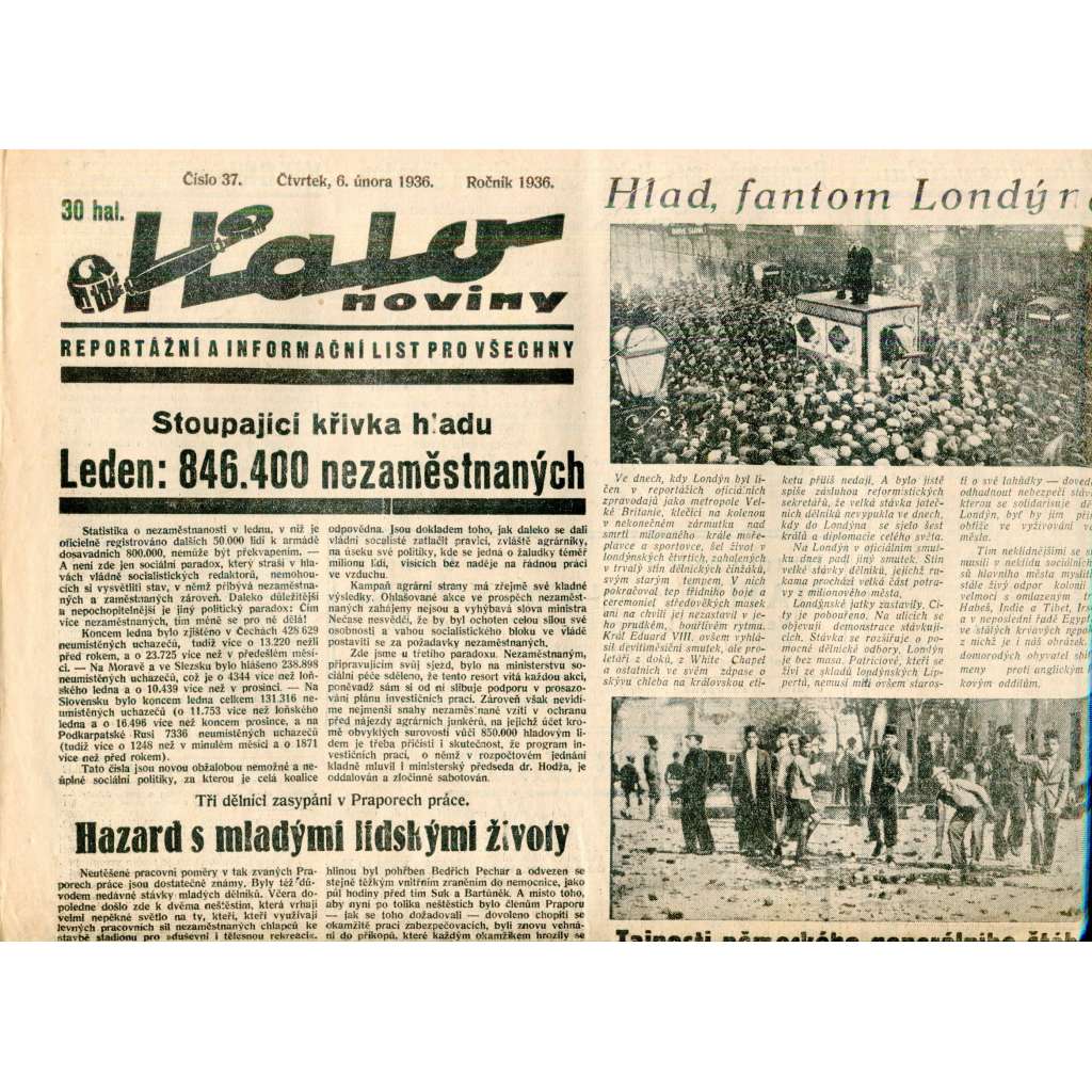 Halo noviny, číslo 37/1936. Reportážní a informační list pro všechny