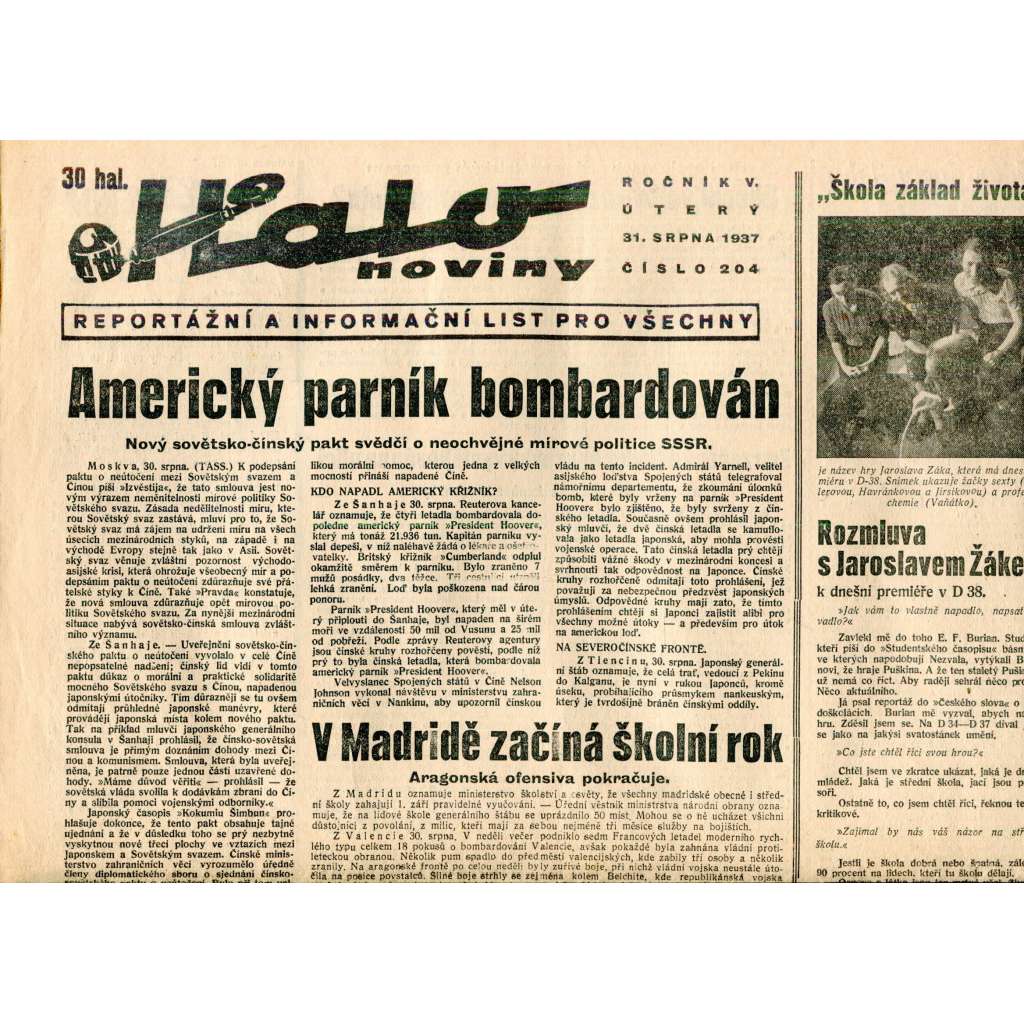 Halo noviny, ročník V., číslo 204/1937. Reportážní a informační list pro všechny