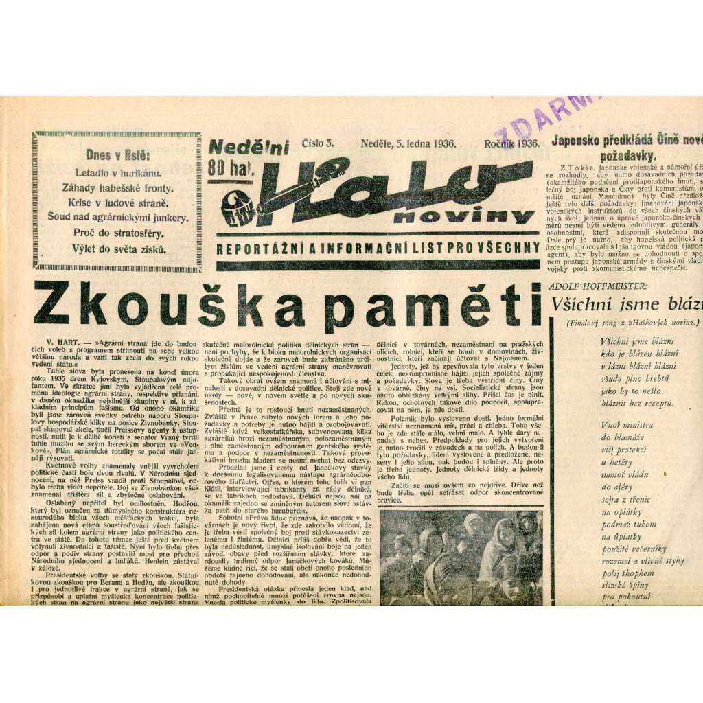 Halo noviny, číslo 5/1936. Reportážní a informační list pro všechny