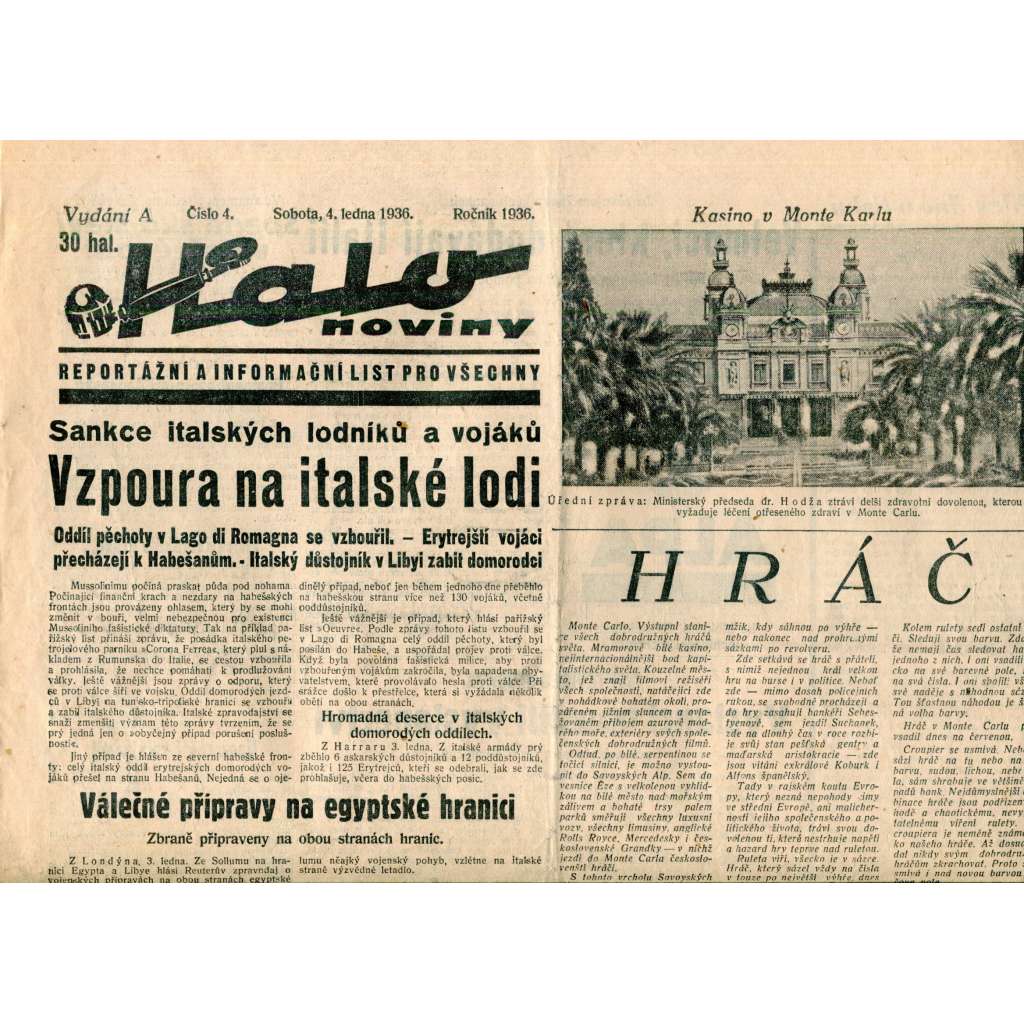 Halo noviny, číslo 4/1936. Reportážní a informační list pro všechny